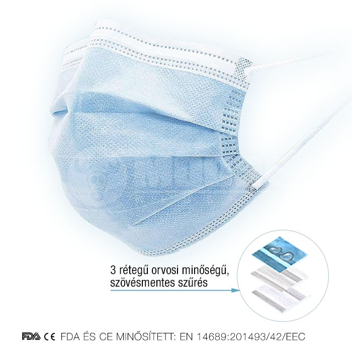 Sebészeti maszk 10 db 2 Sebészeti maszk - gumis - kék színben + EN 14689: 201493 /42/EEC megfelelőségi tanúsítvánnyal